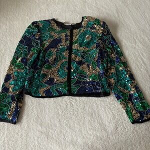 Vtg Laurence Kazar Floral Beaded Sequin Jacket M Emerald Gold Evening Glamour
